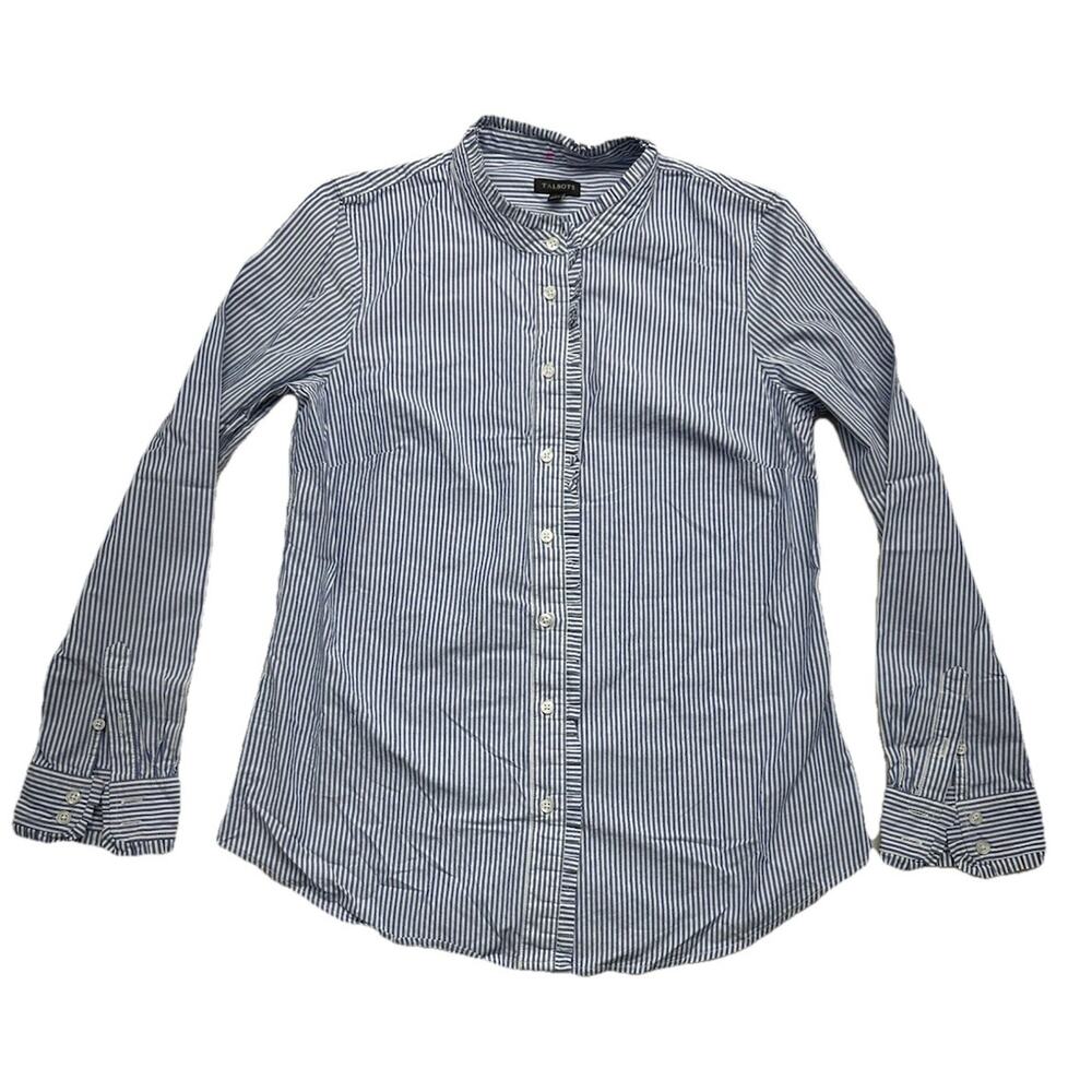 Talbots Womens Small Button Up Ruffle Striped Long Sleeves Blue White